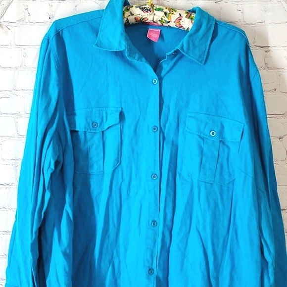 Woman Within Pool Blue Long Sleeve Plus Size Linen Blend Button Shirt Size Large - Picture 4 of 13